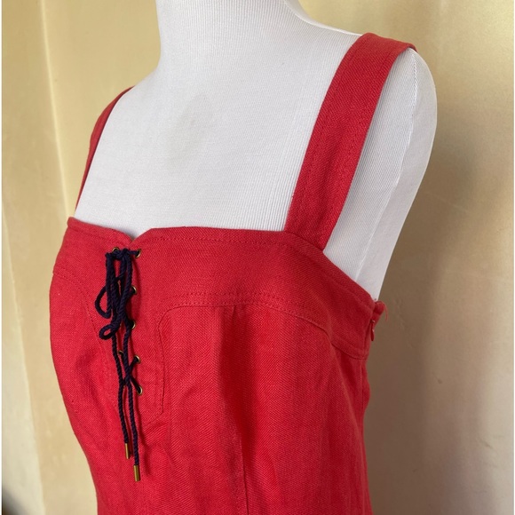 RALPH LAUREN Dress Cranberry Red 100% Linen Pockets Navy Lace-Up Zipper Sz 8 NEW - Picture 11 of 15